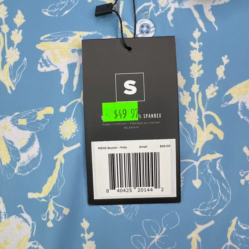 Waggle Buzzin Polo Shirt Mens‎ Small Blue Yellow Bee Floral Performance Stretch - Picture 8 of 11